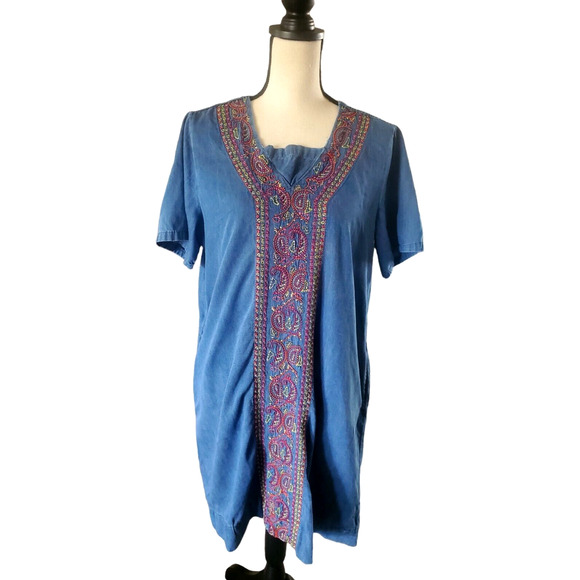 Go Softly Patio Dresses & Skirts - Go Softly Patio Embroidered Denim Dress Sz M